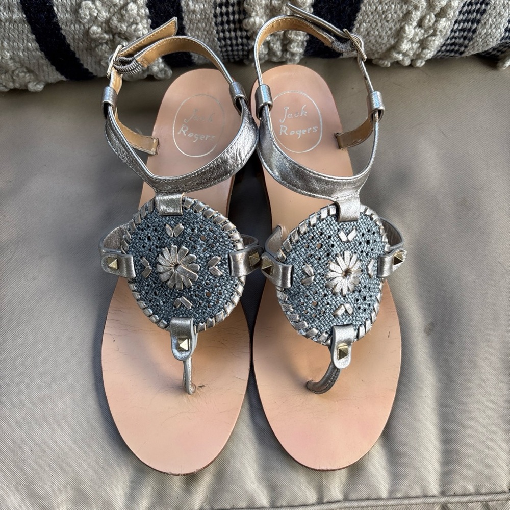 Jack Rogers Gretchen Gold Women's Sandals 9.5 Wood Heel EXCELLENT COND